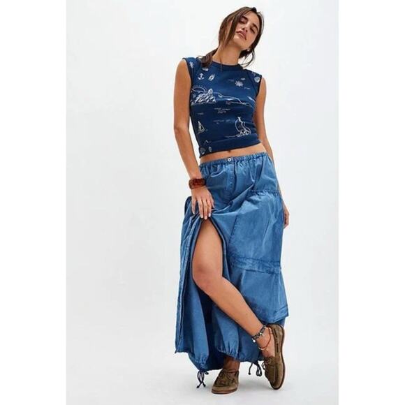 Free People Womens Eloise Maxi Skirt Blue Size Small Button Front Parachute Boho - Picture 1 of 7